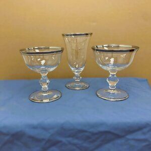 3 VINTAGE GLASTONBURY LOTUS MIRAMAR - 1 wine glasses, 2 sherbert silver platinum